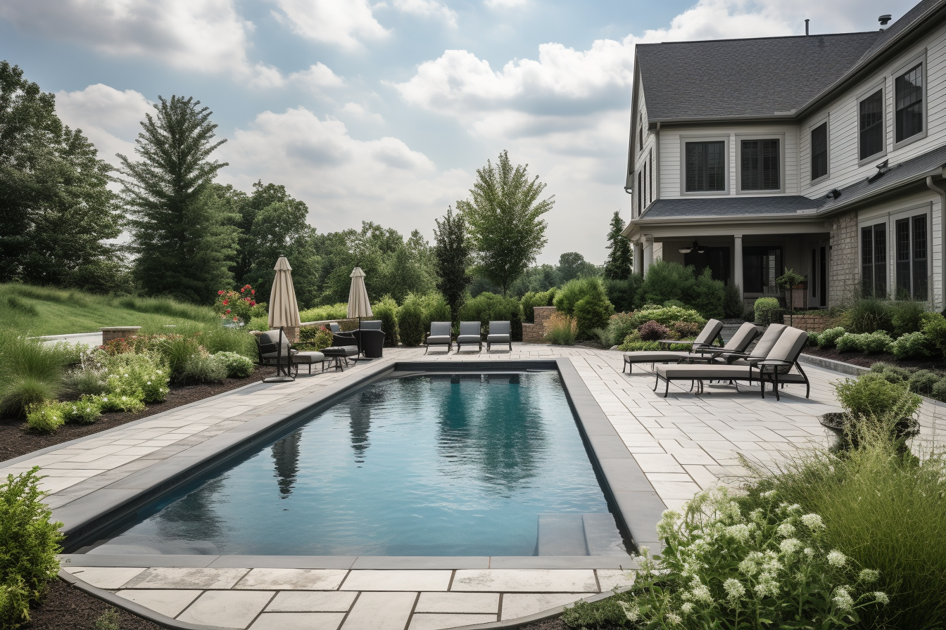beautiful in-ground pool, landscaping, lounge chairs, trees